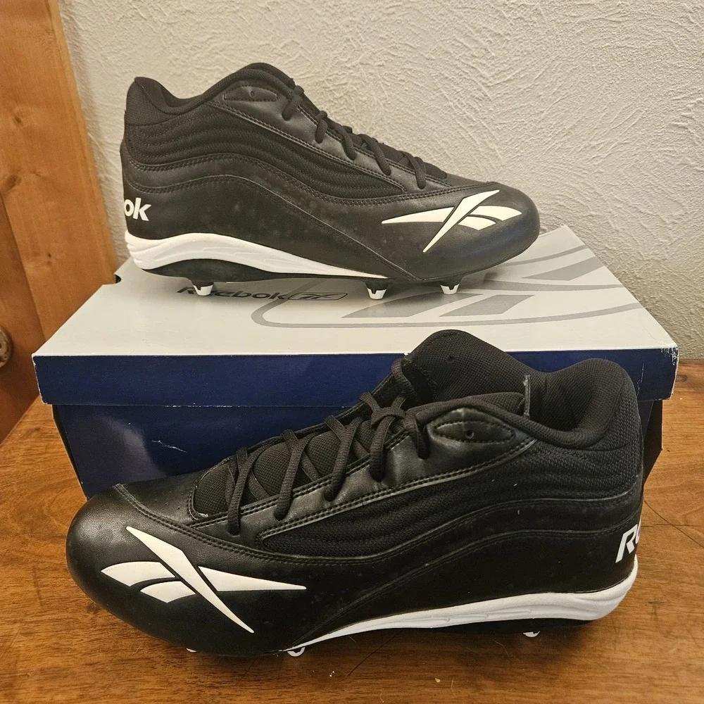 Reebok RBK Mens Size 14 Audible‎ Mid D Black White Football Cleats Shoes Logo